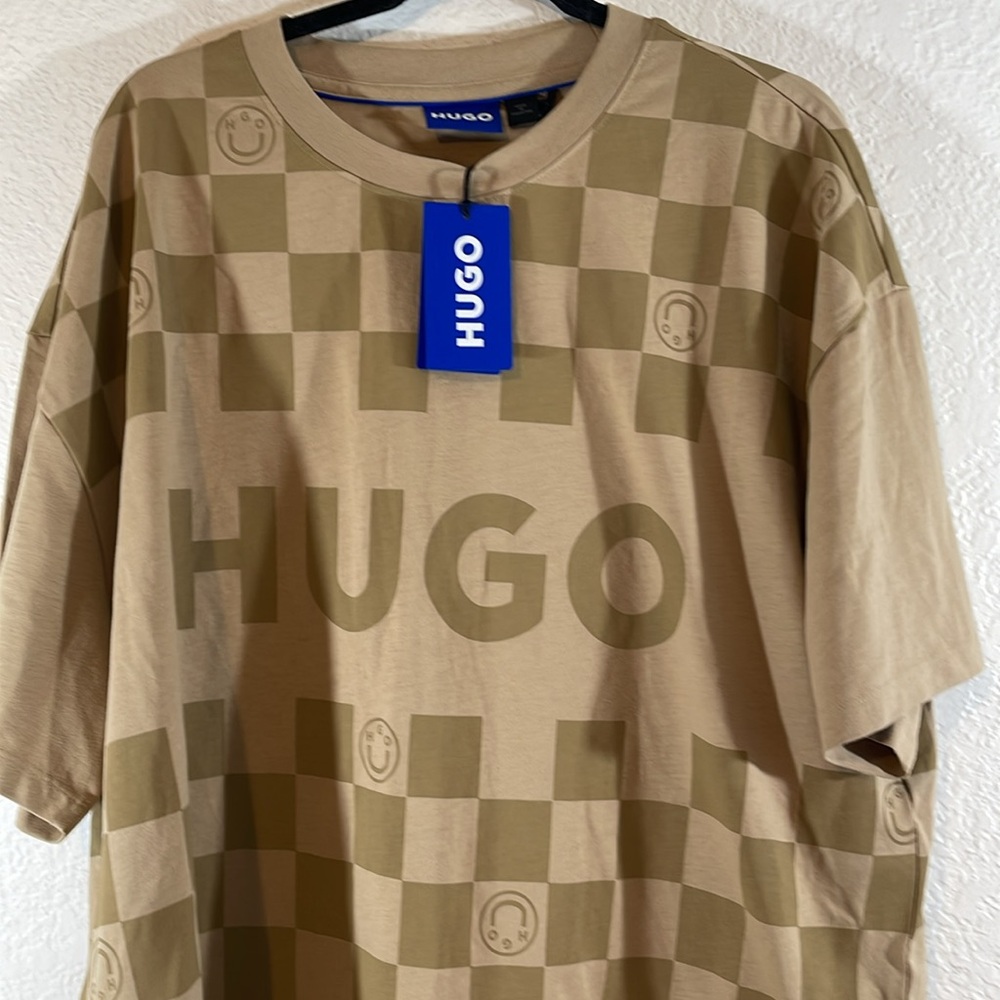 HUGO Big Logo Checkered Short Sleeve Crewneck Check Logo T-Shirt Size XXL NEW - Picture 3 of 11